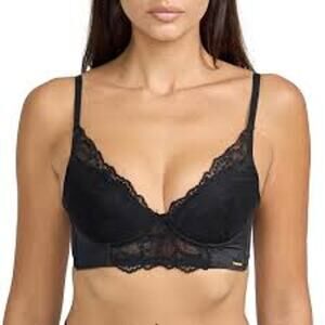 BCBG MAXAZRIA Longline Satin Lace Bralette Bra Bustier Black Lace 38C PRETTY